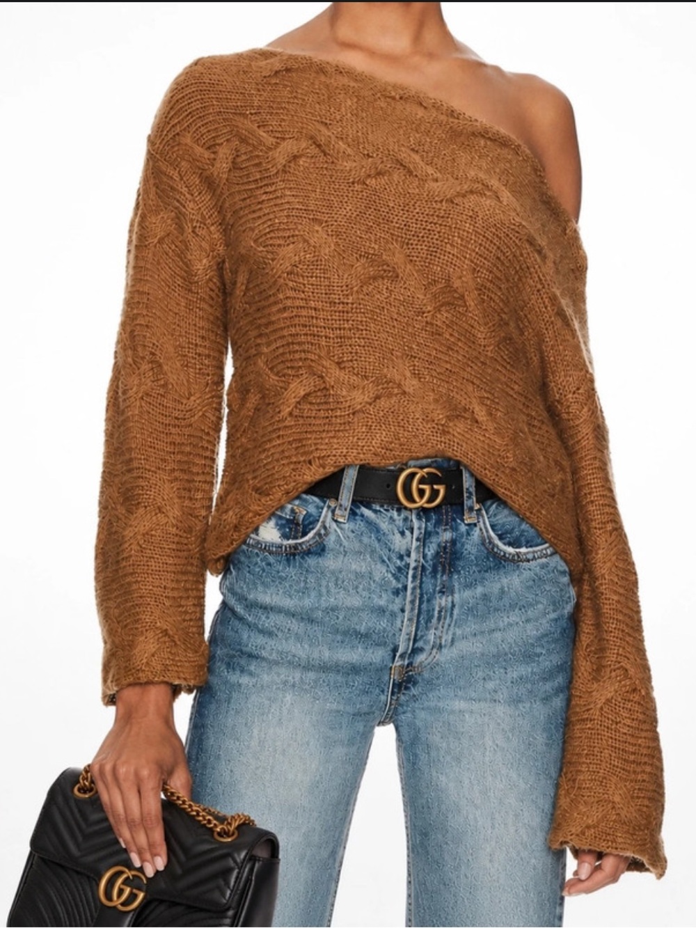 House of Harlow 1960 Off-the-Shoulder Cable Knit Sweater - Cognac Brown